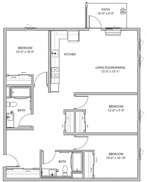 Floor plan for 3 beds, 2 baths, 1235 sqft